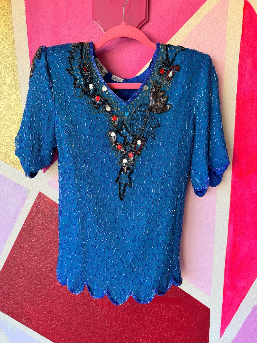 Vintage Scala 100% Silk Fully Beaded Top Sz M Teal Blue Cocktail Statement